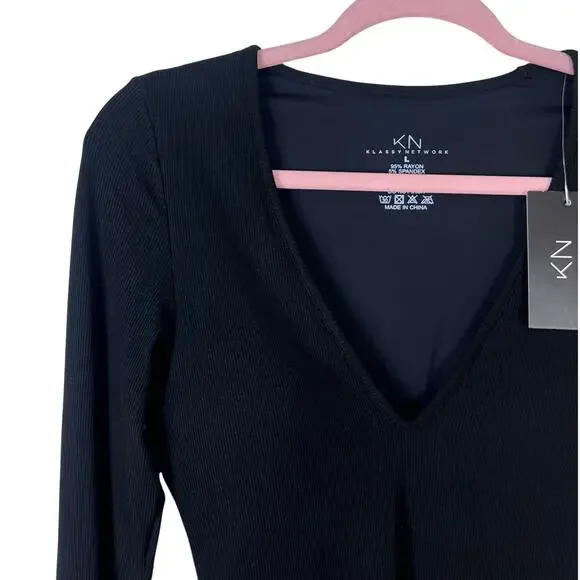 Klassy Network Minimalist Ribbed Bodysuit Black Fitted Long Sleeve V Neck L - Picture 4 of 7